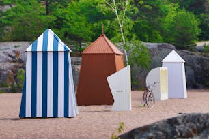 Old-fashioned changing clothes cabins in Hanko, southern Finland