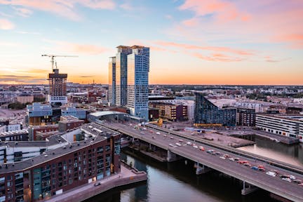 city skyline at sunset